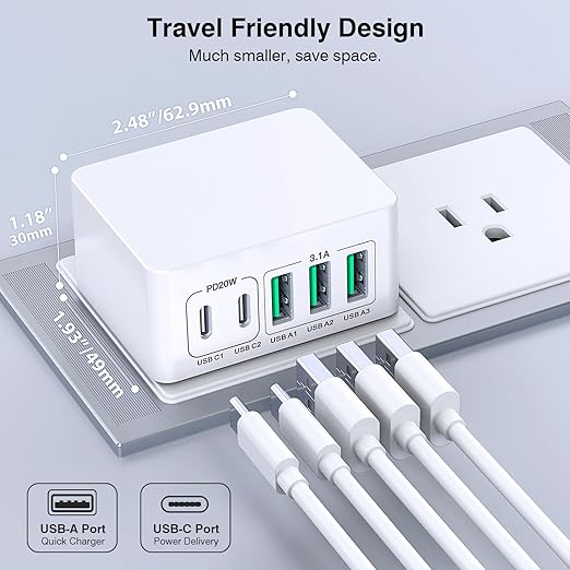USB C Charger Block Thin Flat 50W 5-Port Wall Charger 2-Pack Type C Fast Charger Cube, PD&QC Wall Plug Power Adapter Compatible for iPhone 14/15/16/17, iPad, Airpods, iwatch, Samsung