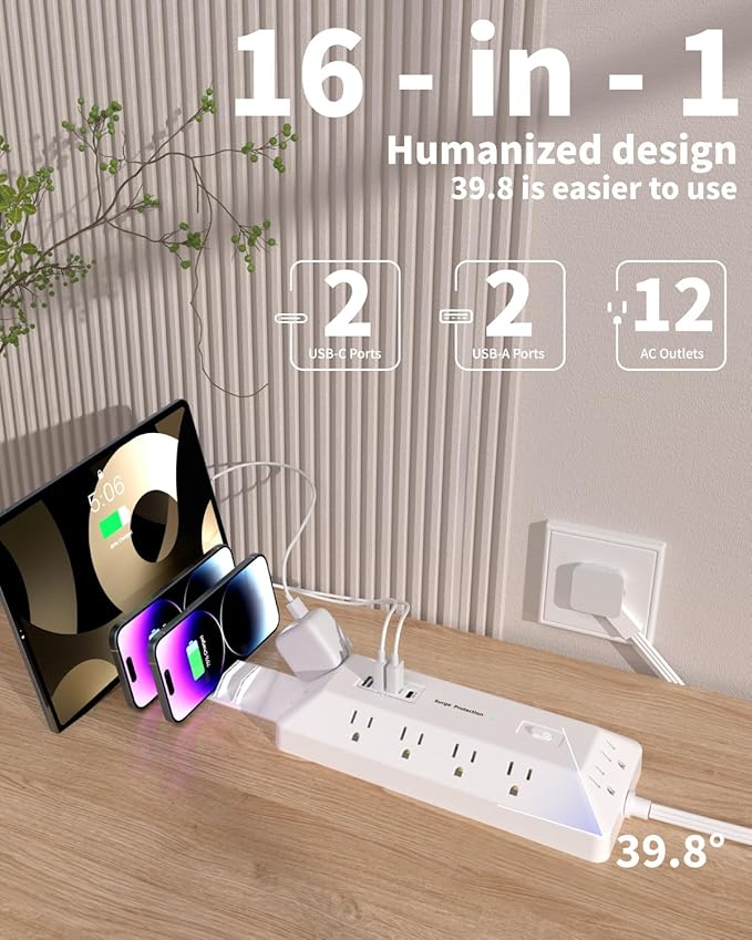 16 in 1 Surge Protector Power Strip with 4 USB (2 USB C) and 12 AC Outlets Extender, 6 Ft Flat Plug Extension Cord, Cable Management Outlets for Home Office and Dorm Rooms (White)