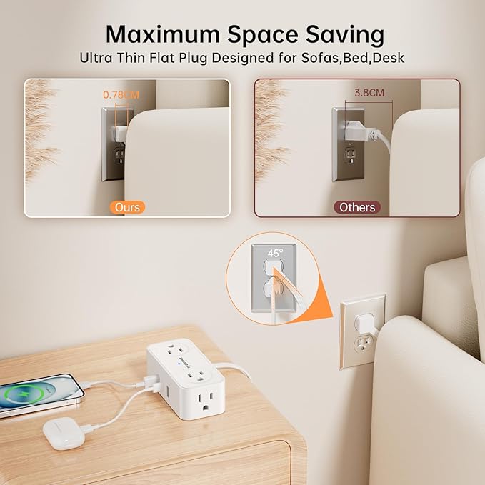 10Ft Power Strip with Surge Protector, 4 Outlets 3 USB Ports Extension Cord, Flat Plug Charging Station for Home Office Desk & College Dorm Essentials, White