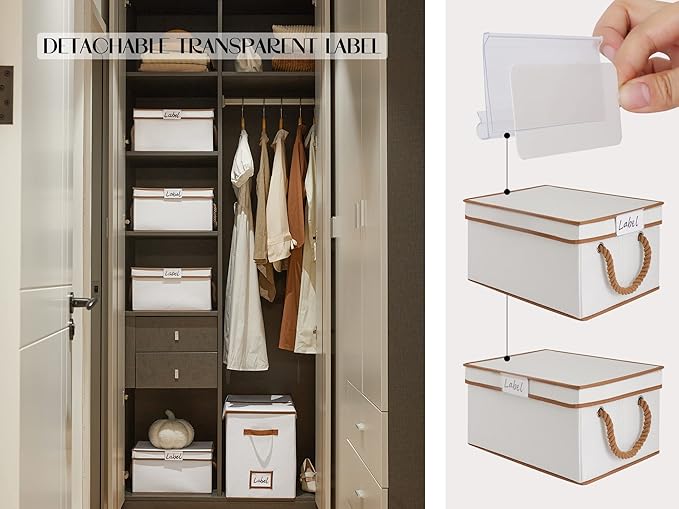 LoforHoney Home Fabric Storage Bins with Lids for Organizing, Foldable Closet Storage Boxes for Shelves, Clothes Baskets with Cotton Rope Handles, Large, Beige & Brown, 4-Pack