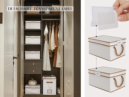 LoforHoney Home Fabric Storage Bins with Lids for Organizing, Foldable Closet Storage Boxes for Shelves, Clothes Baskets with Cotton Rope Handles, Large, Beige & Brown, 4-Pack