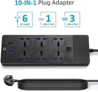 UK to US Plug Adapter, Jumpso Power Strip with 6 International Outlets and 4 USB Ports (1 USB C), 110-240v, 3000w, 6Ft, Universal Travel Adapter Extension Cord for Electrical Equipment