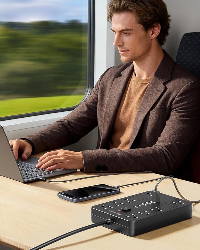 Surge Protector Power Strip - 8 Outlets(1850W/15A) with 6 USB Ports（2 USB C, 10FT Flat Plug Extension Cord, Wall Mount Multi Plug Outlet Extender, ETL Listed for Home, Dorm Room, Black