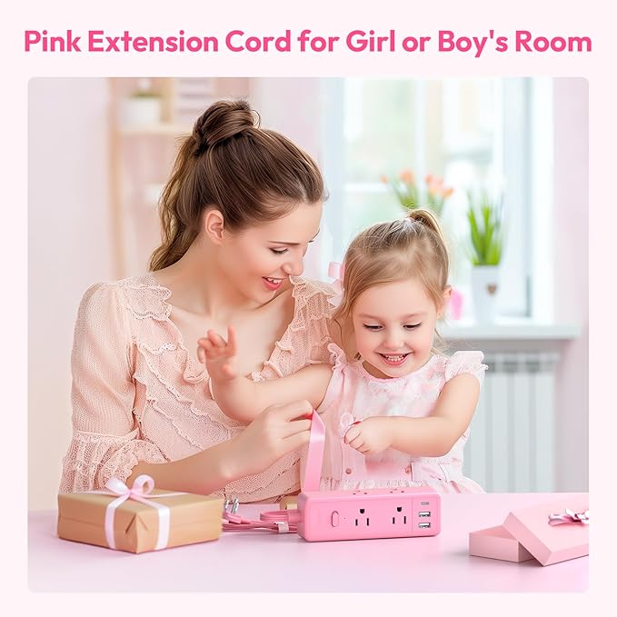 NTONPOWER Pink Extension Cord 10 ft, 1080 Joules Surge Protector Power Strip with 6 Widely Outlets 3 USB (1 USB C), Flat Plug Extension Cord Power Strip Long Cord for Home Office Dorm Room Essentials