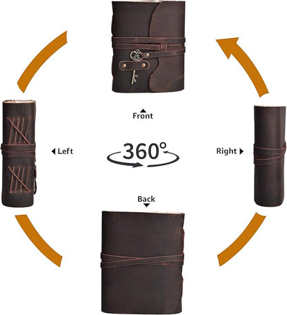 LEATHER VILLAGE Vintage Leather Journal – 200 Handmade Vintage Deckle Edge Paper – Leather bound Journal For Women Men – Vintage Key Closure - Book of Shadows - Chocolate Brown - 13X8 inches