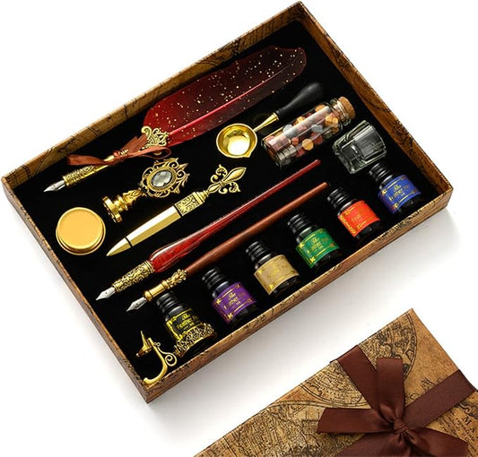 Red Feather Pen and Ink Set, Vintage Pen & Sealing Wax Stamp Set, Calligraphy Set Wedding Signature Pen for Beginners & Enthusiasts, School Writing & Art Supplies #85