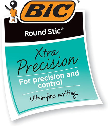 BIC Round Stic Xtra Precision Fine Blue Ballpoint Pens, Medium Point (0.8 mm), 12-Count Pack, Excellent Writing Pens