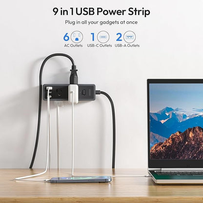 NTONPOWER Flat Extension Cord 10 ft, 1080 Joules Surge Protector Power Strip with 6 Widely Outlets 3 USB (1 USB C), Flat Plug Extension Cord Power Strip Long Cord for Home Office Dorm Room Essentials