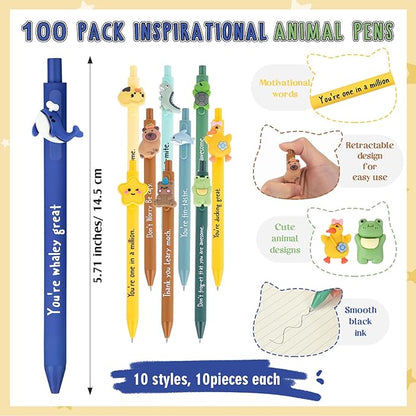 Eersida 100 Set Inspirational Ballpoint Pens Bulk Funny Animal Cute Pens Employee Appreciation Gifts with Positive Bookmarks for Coworkers Teacher Nurse Team Staff Christmas