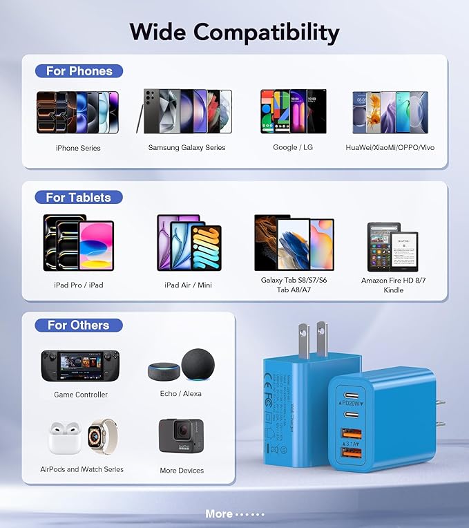 [40W/2Pack] Wall Charger,USB C Charger Block, Multi-Port PD + QC 3.0 Super Fast Charging Power Plug Adapter Brick for Watch Series 9 8 7, iPhone 17 16 15 14 13 Pro Max Airpod, Samsung Galaxy S24(Blue)