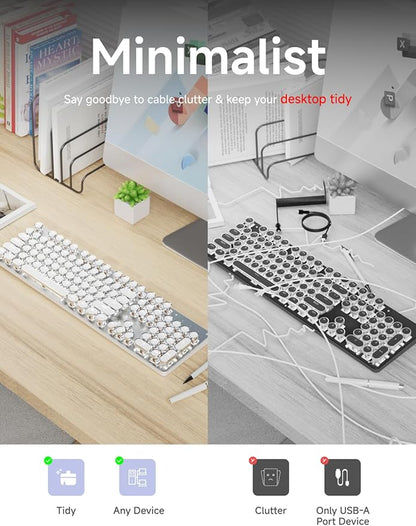 EWEADN TK950 Typewriter Keyboard Wireless Mechanical Keyboard, 104 Keys Aesthetic Typewriter Keyboards with White Backlit, Anti-Ghosting, Blue Switch Bluetooth/2.4GHz/Wired Keyboards-White