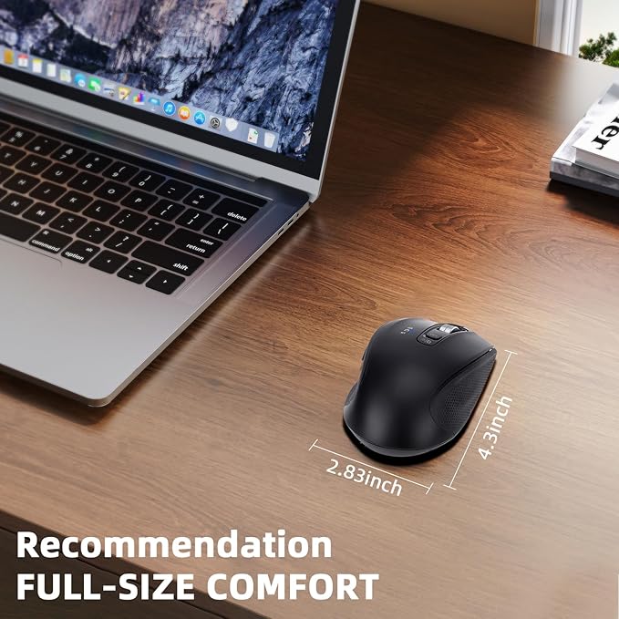 Wireless Mouse with Bluetooth, USB-A, USB-C Receiver, Rechargeable, Full-Size Mouse, Silent, Ergonomic, for MacBook/Laptop/Computer/PC/iPad-Black