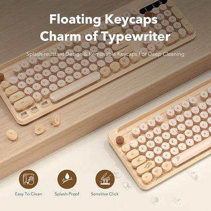 Wireless Keyboard and Mouse Combo, Retro Round Keycaps, Cute Full-Size Typewriter Keyboard with Phone Holder, Sleep Mode, 2.4GHz Cordless Connection for Windows/PC/Laptop (Milk-Tea Colorful)