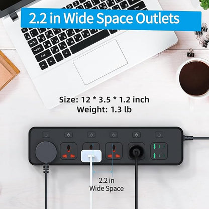 Flat Plug Power Strip with Individual Swtich, Jumpso 6ft Universal Extension Cord with 5 Outlets and 2 USB 4 USB C Ports, Max 3000w, 110-240v, Multiple Outlets Plug Adapter for Office Travel
