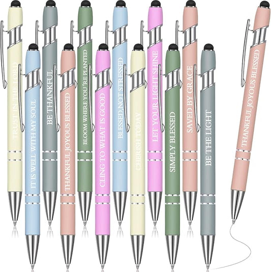 Zonon 12 Pcs Inspirational Pens Bulk Funny Ballpoint Pen with Stylus Tip Motivational Gifts for Christmas Teacher Coworkers Nurse School Office Supplies(Morandi,Bible Style)