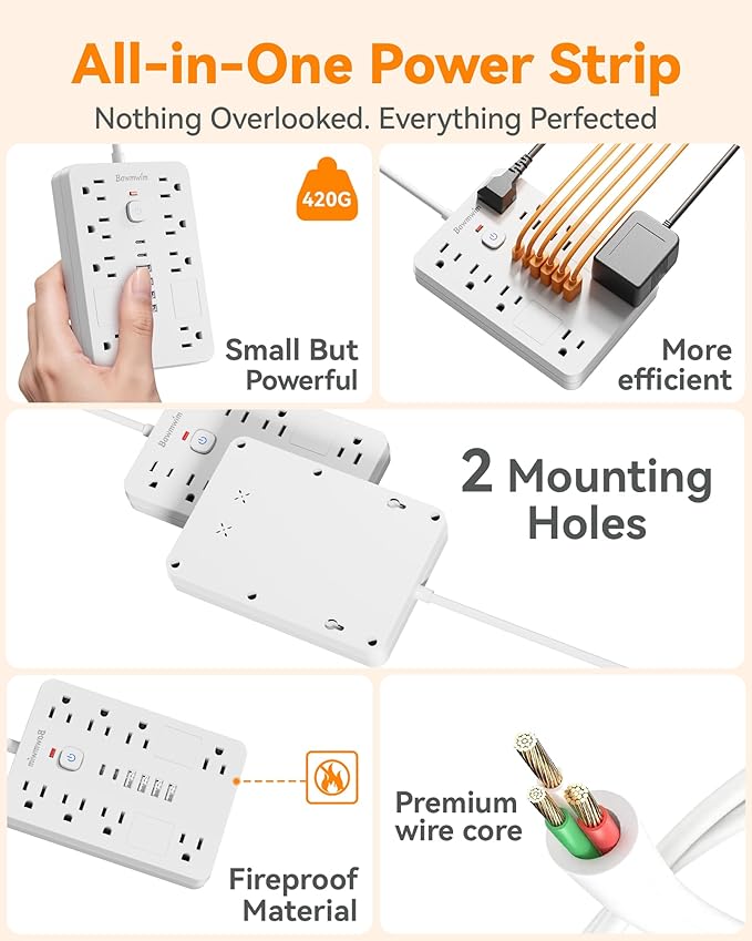 Surge Protector Power Strip - 8 Outlets(1850W/15A) with 6 USB Ports（2 USB C, 6FT Flat Plug Extension Cord, Wall Mount Multi Plug Outlet Extender, ETL Listed for Home, Dorm Room, White