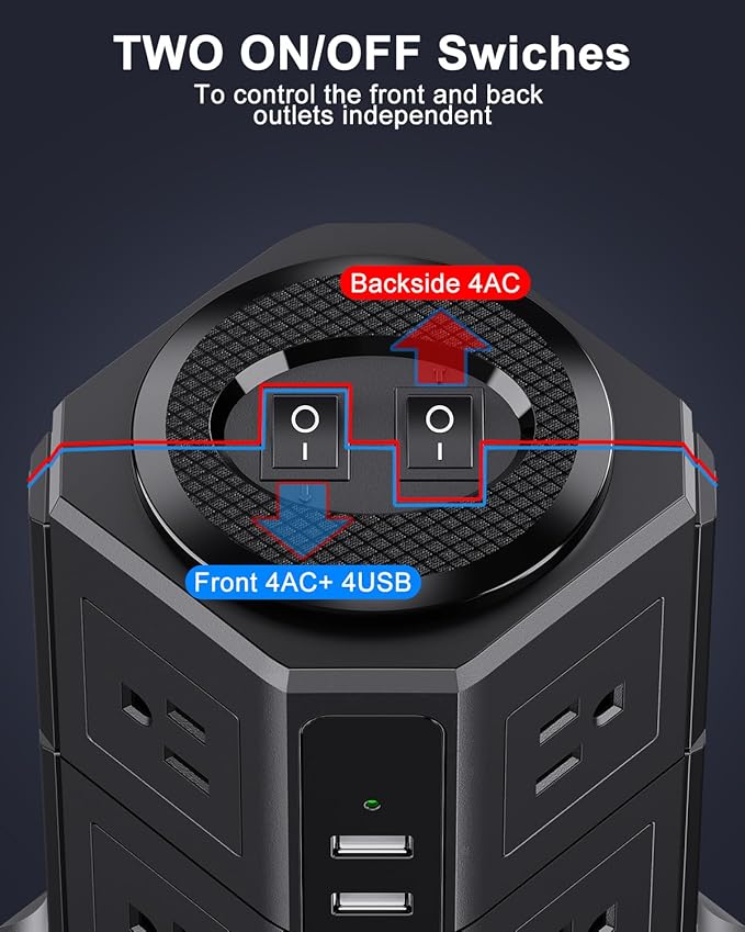 Surge Protector Power Strip Tower with 8 AC Outlets 4 USB Ports(2 Type C), 6.5 FT Ultra Flat Extension Cord, Flat Plug Power Strips Tower with Surge Protection for Home, Office, Dorm