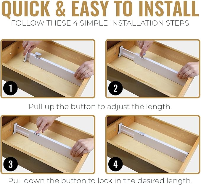 RAPTUROUS Adjustable Deep Drawer Divider – 5" Tall, Expandable 13-22", 4-Pack, Non-Slip Drawer Dividers for Clothes, Dresser, Kitchen & Office Organization (White)