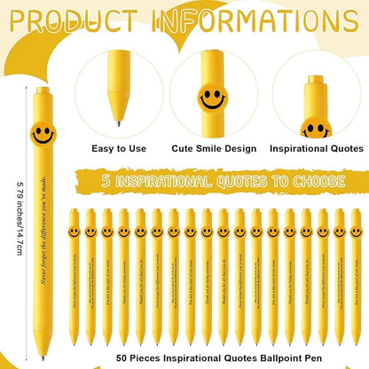 Qilery 50 Pcs Motivational Pens Bulk 5 Styles Inspirational Quotes Smile Face Ballpoint Pens Black Ink Smooth Writing Employee Appreciation Gifts Thank You Gifts