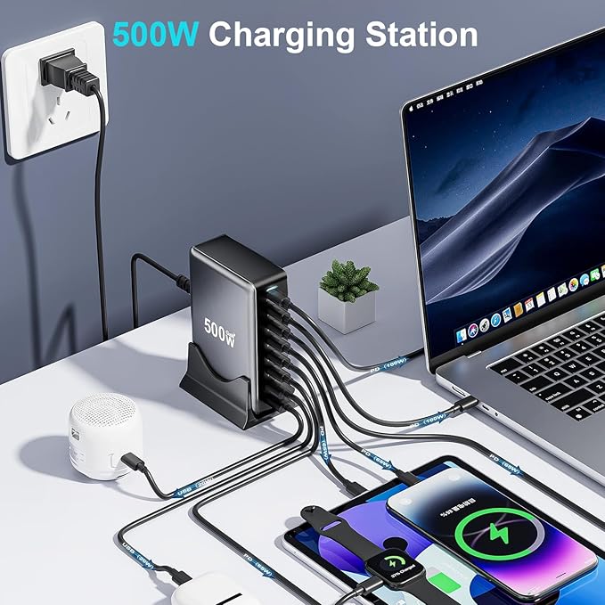 FAMOUS TECH SHOP 500W GaN PD 3.0 PPS USB C Fast Charger: 8 Port Quick Charge Power Station | 6 USB-C + 2 USB-A Smart Power Delivery Desktop Charger for Laptop, MacBook, iPhone 15, iPad, Samsung Galaxy