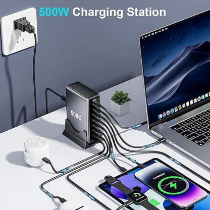 FAMOUS TECH SHOP 500W GaN PD 3.0 PPS USB C Fast Charger: 8 Port Quick Charge Power Station | 6 USB-C + 2 USB-A Smart Power Delivery Desktop Charger for Laptop, MacBook, iPhone 15, iPad, Samsung Galaxy