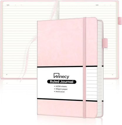 Annecy Lined Journal Notebook, Hardcover Leather Journal for Women & Men, 160 Numbered Pages, Medium 5.5" x 8.25", 100 GSM Thick Paper, Pink