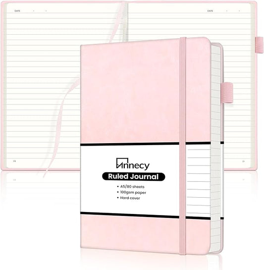 Annecy Lined Journal Notebook, Hardcover Leather Journal for Women & Men, 160 Numbered Pages, Medium 5.5" x 8.25", 100 GSM Thick Paper, Pink