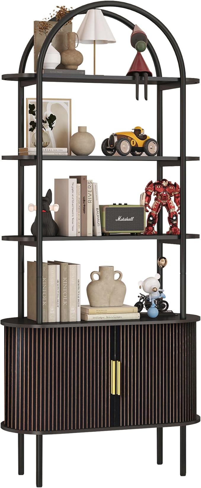 71" Tall Fluted Arched Bookshelf with Sliding Tambour Doors, Mid Century Modern Metal Curved Bookshelf Cabinet with Storage, 4-Tier Open Display Storage Shelf for Home Office, Living Room (Black