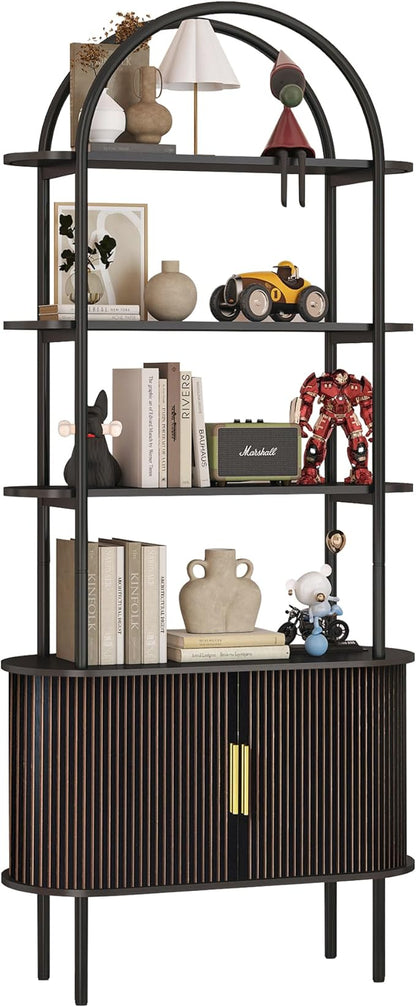 71" Tall Fluted Arched Bookshelf with Sliding Tambour Doors, Mid Century Modern Metal Curved Bookshelf Cabinet with Storage, 4-Tier Open Display Storage Shelf for Home Office, Living Room (Black