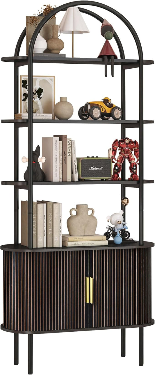71" Tall Fluted Arched Bookshelf with Sliding Tambour Doors, Mid Century Modern Metal Curved Bookshelf Cabinet with Storage, 4-Tier Open Display Storage Shelf for Home Office, Living Room (Black