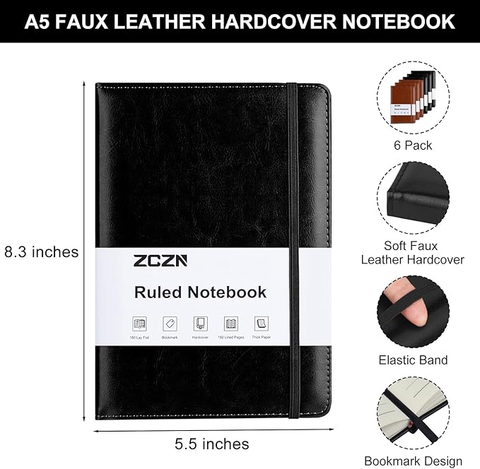 ZCZN 6 Pack Lined Journal Notebooks, 192 Pages A5 Hardcover Leather Journals for Work,Writing,School & Travel, College Ruled Journaling Notebooks for Notes Taking,Diary Notepad (Black*3+Brown*3)