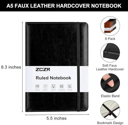 ZCZN 6 Pack Lined Journal Notebooks, 192 Pages A5 Hardcover Leather Journals for Work,Writing,School & Travel, College Ruled Journaling Notebooks for Notes Taking,Diary Notepad (Black*3+Brown*3)