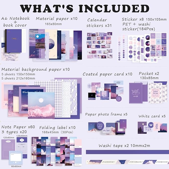 Draupnir Aesthetic Scrapbook Kit(348pcs), Bullet Junk Journal Kit with Journaling/Scrapbooking Supplies, Stationery,A6 Grid Notebook with Graph Ruled Pages DIY Scrapbook Gift for Girl Kid(Moonlight)