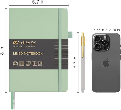 &And Per Se Lined Journal and Pen Set, A5 Leather Journal Stationery Set, 160 Pages 100GSM Thick Paper, Notebook Gift Set (Light Green)