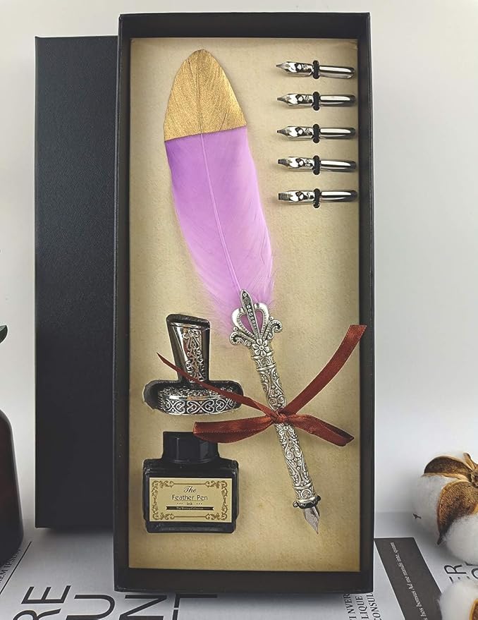 Quill Feather Pen and Ink Set,Calligraphy Set,Calligraphy Kits Include Antique Quill Feather Pen,6 Nibs,1 Bottles Inks,Pen Holder for Beginners Birthday Gift（Purple）
