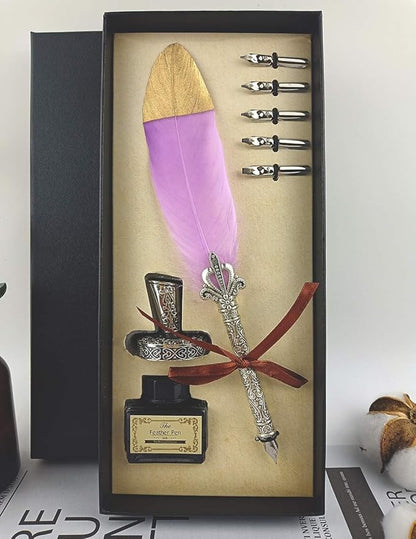 Quill Feather Pen and Ink Set,Calligraphy Set,Calligraphy Kits Include Antique Quill Feather Pen,6 Nibs,1 Bottles Inks,Pen Holder for Beginners Birthday Gift（Purple）