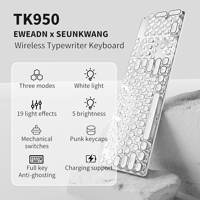 EWEADN TK950 Typewriter Keyboard Wireless Mechanical Keyboard, 104 Keys Aesthetic Typewriter Keyboards with White Backlit, Anti-Ghosting, Blue Switch Bluetooth/2.4GHz/Wired Keyboards-White