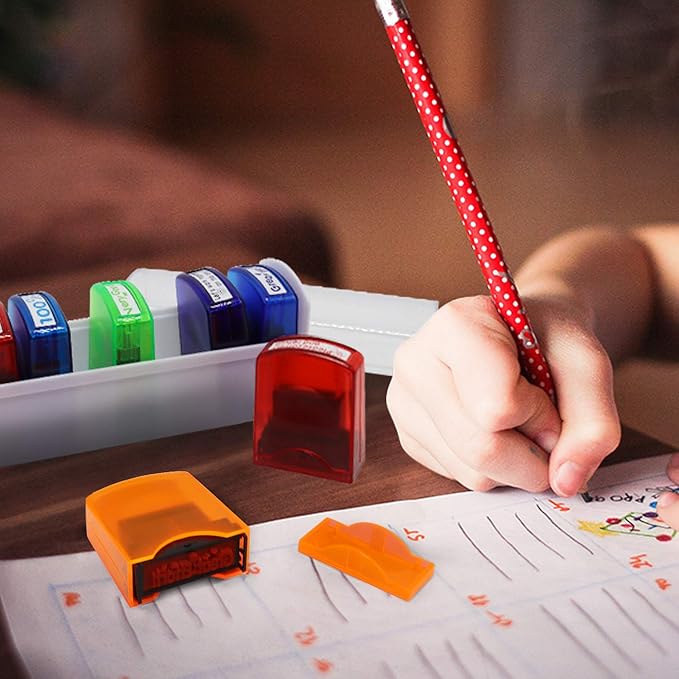 RELIANCER 8PCS Teacher Stamp Set,Colorful Self-Inking Motivational Classroom Stamper for Grading,Encouraging Rating Stamp Student,Parent Signature Stamps for Homework,School Homeschool Reward Supplies