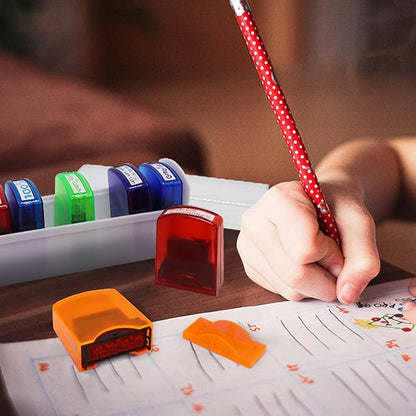 RELIANCER 8PCS Teacher Stamp Set,Colorful Self-Inking Motivational Classroom Stamper for Grading,Encouraging Rating Stamp Student,Parent Signature Stamps for Homework,School Homeschool Reward Supplies