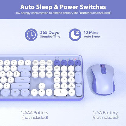 Wireless Keyboard and Mouse Combo, Retro Round Keycaps, Cute Full-Size Typewriter Keyboard with Phone Holder, Sleep Mode, Click Soft, 2.4GHz Cordless Connection for Windows/PC/Laptop