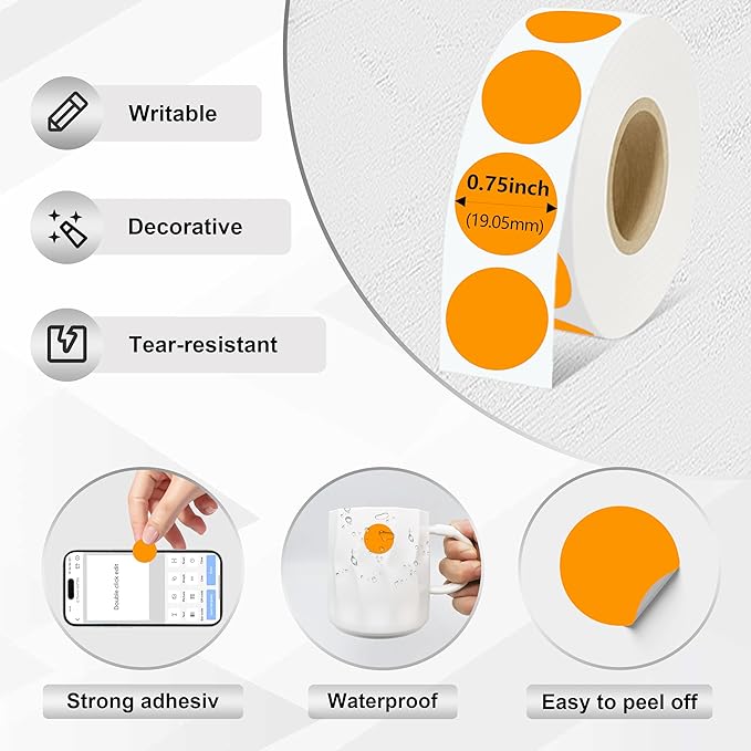 0.75 Inch Dot Stickers, 1000PCS 3/4" Round Thermal Printable Labels for Instant Organization, Color Coding Files, Tab Pages, Calendar Marking & Junk Journals,Orange