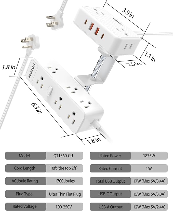 Dual Layer Desk Clamp Power Strip（White）, Desktop Edge Mount Charging Station with 13 Outlets 4 USB Ports (2 USB C), Under Desk Surge Protector(1700 Joules), 10 Ft Extension Cord for Office
