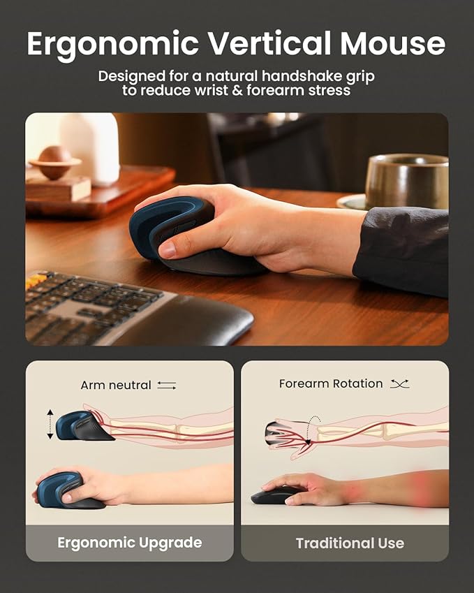 ProtoArc Ergonomic Mouse, EM11 NL Wireless Vertical Mouse, Ergo Mouse with Multi-Device, USB-C Rechargeable Mice for Windows, Mac OS, PC/Notebook/Laptop,Blue