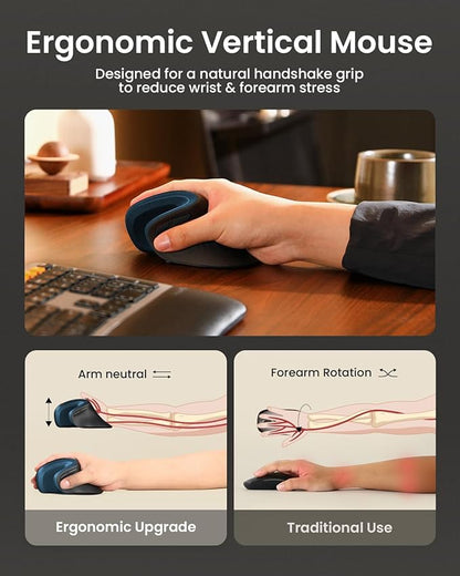 ProtoArc Ergonomic Mouse, EM11 NL Wireless Vertical Mouse, Ergo Mouse with Multi-Device, USB-C Rechargeable Mice for Windows, Mac OS, PC/Notebook/Laptop,Blue