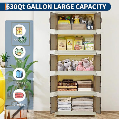 Garvee 630QT Stackable Storage Bins, Plastic Bins for Storage with Lids, Plastic Storages Drawers with Magnetic Doors & Wheels, Foldable Collapsible Closet Organizers for Home, Dorm, Office, White