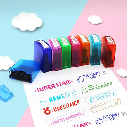 RELIANCER 8PCS Teacher Stamp Set,Colorful Self-Inking Motivational Classroom Stamper for Grading,Encouraging Rating Stamp Student,Parent Signature Stamps for Homework,School Homeschool Reward Supplies