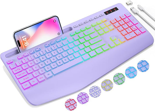 Wireless Keyboard with 9 Effects Backlits, Wrist Rest, Phone Holder, Rechargeable Ergonomic Computer Keyboard with Silent Keys, 2.4G Lag-Free Cordless Set for PC, Laptop, Windows, Mac (Keyboard Only)