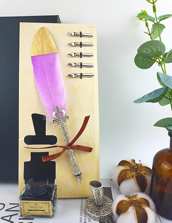 Quill Feather Pen and Ink Set,Calligraphy Set,Calligraphy Kits Include Antique Quill Feather Pen,6 Nibs,1 Bottles Inks,Pen Holder for Beginners Birthday Gift（Purple）