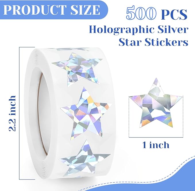 500 PCS Holographic Silver Star Stickers, 1 inch Self Adhesive Metallic Glitter Foil Stickers Sparkly Star Sticker Reward Behavior Chart Labels for Kids Students Teachers Supplies