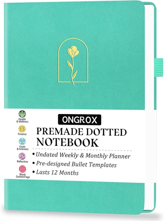 Premade Bullet Style Notebook with Undated Weekly & Monthly Planner, Dotted Journal with Pre-made Bullet Planner Stencils, Dot Grid Journaling with Habits & Mood Tracker, 12 Month Organization, A5